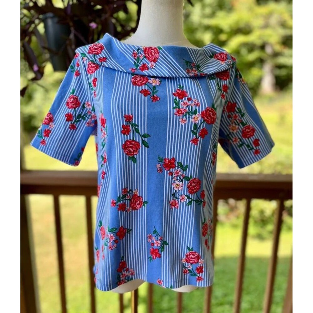 Rafaella Large Blue Stripe Rose Floral Cotton Portrait Collar Top